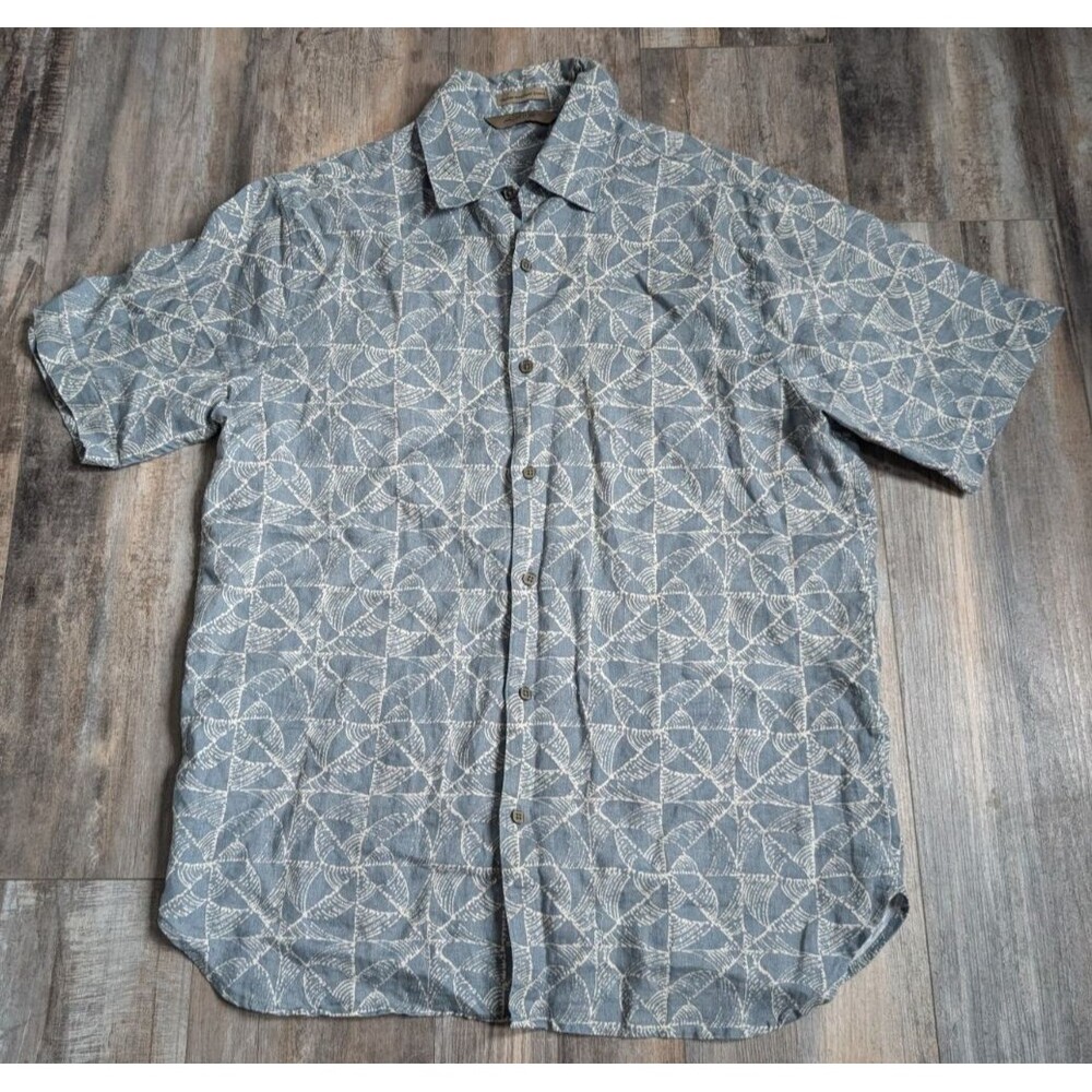 Axist Men's XXL 100%  Wave Washed Linen Blue Button Down Shirt Casual Geometric